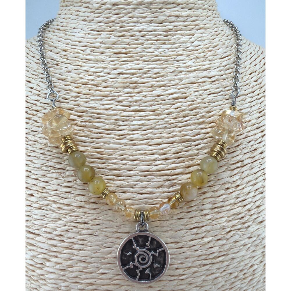 Artisan Handcrafted Citrine Rutilated Quartz Prehnite Statement Necklace
